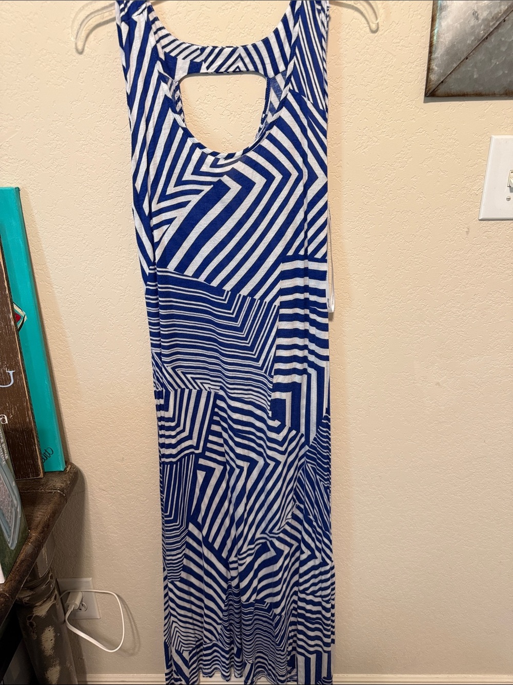 Blue and White Geometric Scoop-Back Maxi Dress